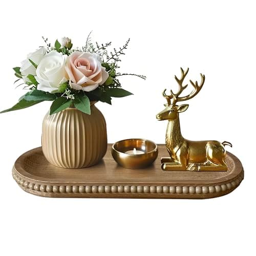 dwellington Wooden Farmhouse Decorative Tray, 11.8in Rustic Beaded Tray for Living Room Decor, Kitchen Table Décor, Oval Coffee Table Serving Tray (Natural)