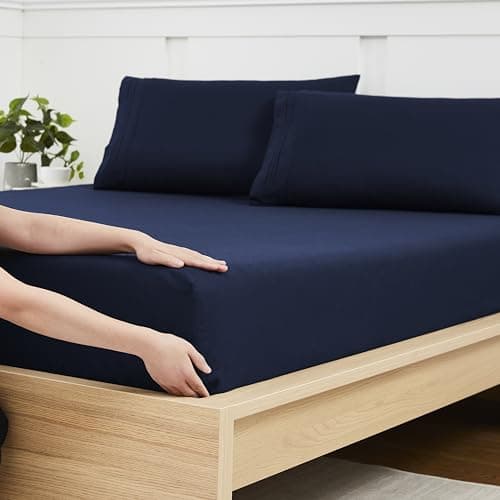 King Size Fitted Sheet Only with Full Elastic & Built in Corner Sheet Straps to Prevent Shifting - Soft & Breathable Brushed Microfiber Bottom Sheet, King, Navy Blue