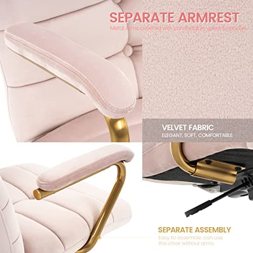 MFD LIVING Velvet Home Office Desk Chair, Upholstered Adjustable Swivel Task Chair with Wheels, Tufted Mid-Back Computer Chair with Arms, for Study Living Room Vanity (Pink, Gold Base) 5
