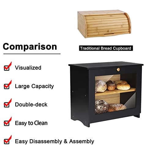 HOMEKOKO Bamboo Double Layer Regular Bread Box, Natural Bamboo Bread Boxes for Kitchen Counter, Bamboo Capacity Food Storage (Black) 5