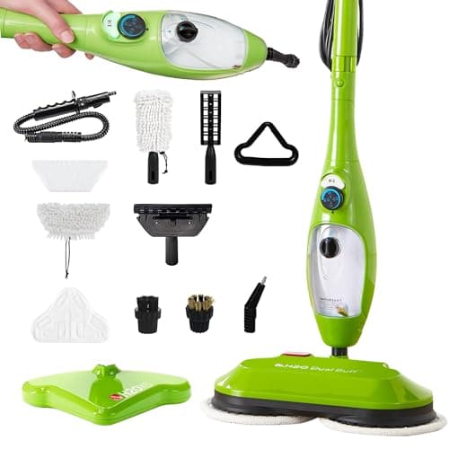 H2O X5 Dual Buff Steam Mop, 8 in 1 Handheld Steam Cleaner For Kitchen Tile Floors, Hardwood Floors, Grout Cleaner, Upholstery Cleaner and Carpets, 2 washable scrub pads, 11 cleaning accessories