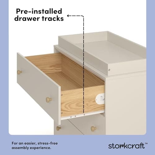 Storkcraft Texas 3 Drawer Chest with Removable Changing Table Topper (Frosted Oat/Driftwood) – GREENGUARD Gold Certified Baby Dresser, Interlocking Drawer System for Nursery & Kids’ Bedroom Dresser 7