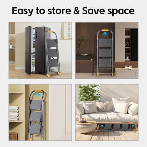 Step Ladder Foldable Folding Stool - for Home Adults Kitchen 3 Stepping Extension Tall Heavy Duty with Handrails - Closet Stepstool Stair Ladders Extendable Stepladder for Indoor House 600Lbs 6