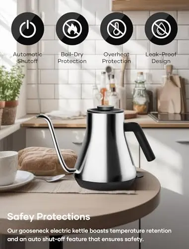 Gooseneck Electric Kettle, Offacy Gooseneck Kettle with 100% Food Grade 304 Stainless Steel, Pour Over Kettle & Coffee Kettle, Tea Kettle 1200 Watt Quick Heating, 0.9L, Siver 5