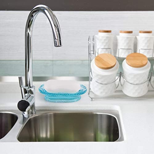 MDLUU Glass Soap Dish, Embossed Bar Soap Holder, Decorative Soap Saver Tray, Vintage Bar Soap Dish for Shower, Bathtub, Bathroom Sink, Kitchen Sink, Pack of 2 (Blue) 6