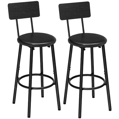 HOOBRO Bar Stools, Set of 2 Bar Stools with PU Upholstered, Bar Chairs with Footrest and Back, 26" Bar Stools for Kitchen Island, Dining Room, Easy to Assemble, Black BK31BY01G2
