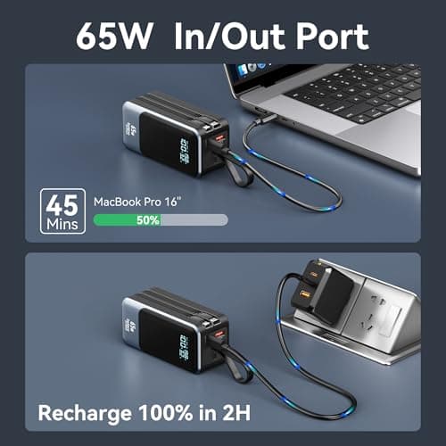 Fast Charging Power Bank 18400mAh 65W Portable Laptop Charger, LED Display, Travel Essential Battery Pack with Built-in USB-C & Lightning Cables for iPhone 16/15/14/13/12 MacBook Samsung 5