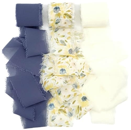 SIMPLE AND THINGS Fringe Chiffon Ribbon, 1.5" X 18 Yards Total, Set for Wedding Invites, Flower Bouquets, Gift Wrapping, DIYs, Floral (Blue, Cream, Floral)