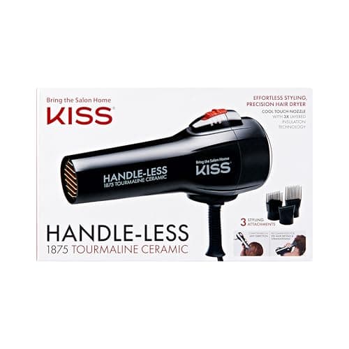KISS Handle-Less 1875W Ceramic Tourmaline Hair Dryer, Effortless Styling Precision Blow Dryer, Cool Touch Nozzle, Triple-Layer Heat Insulation, Heat Resistant Cap, 3 Styling Attachments, Up to 450°F