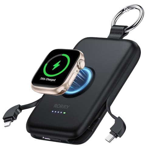 RORRY Portable Charger, 10000mAh PD 20W Fast Charging Portable Charger Power Bank with Built in Cables, Travel Battery Pack for iPhone 17/16/15/14/13/12 and Apple Watch Ultra/11/10/9/8/7/6/5, Black