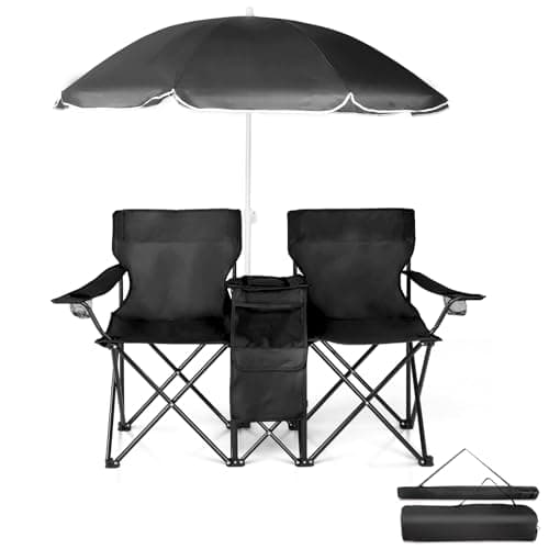 Outvita Folding Double Camping Chair w/Umbrella Beverage Holder Carrying Bag Cooler Fold Up Table, Large Bearing Capacity for Beach Patio Pool Park Outdoor Black