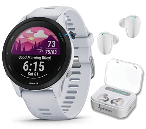 Garmin Forerunner 255 Music GPS Running Smartwatch, Advanced Insights, Long-Lasting Battery, Whitestone with Wearable4U White Earbuds Bundle