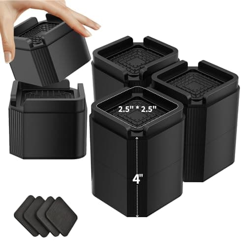 4 Pack Bed Risers Heavy Duty, Adjustable Furniture Riser Blocks Lift 2, 4 inches for Couch Sofa Table Chair Leg Refrigerator Washing Machine, Support Up to 2000 Lbs (Black 4 inch)