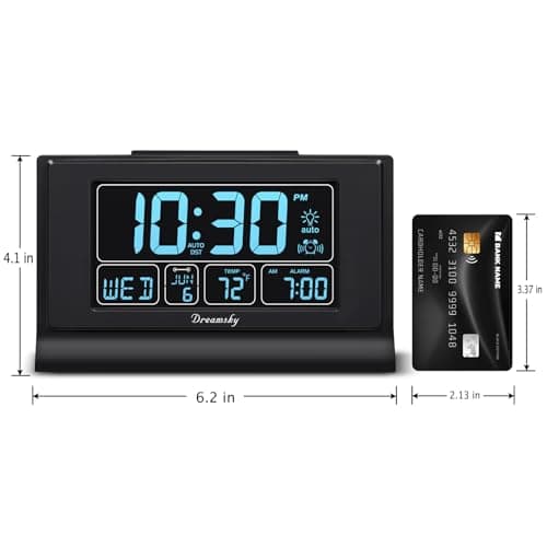 DreamSky Alarm Clocks for Bedrooms with Battery Backup, Auto Set Digital Clock with Date and Day of Week, Temperature, USB Port, Auto DST, Dimmer, 12/24H 7