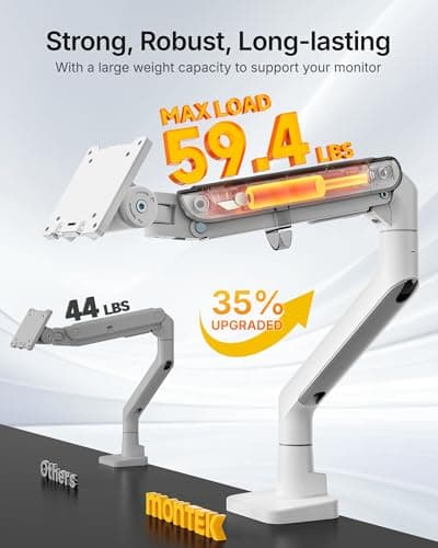 monTEK Heavy-Duty Monitor Arm for 17-57" Ultrawide Curved Screen, Supports up to 59.4 lbs, Adjustable Gas Spring Arm, 75/100 VESA Mount, Clamp & Grommet Desk Monitor Mount Single, White 6