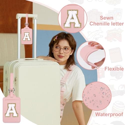 Initial Luggage Tags for Suitcases, Cute Letter Luggage Bag Suitcase Identifier Name Baggage Tag, PU Leather Travel Luggage Tags, Bag Tags for Men Women Kids Luggage Handbags Schoolbags(Pink-White A) 7