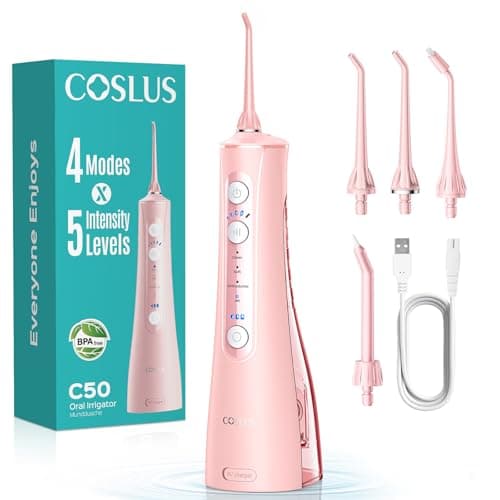 COSLUS C50 Portable Water Flosser for Teeth: 4 Modes & 5 Intensity Levels Professional Electric Dental Pick for Sensitive Gums, Braces & Orthodontic - Cordless for Travel Use, for Adults, BPA-Free