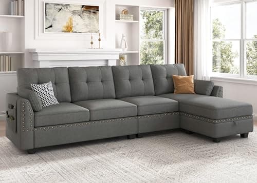 HONBAY Reversible Sectional Sofa L-Shape Sofa Convertible Couch 4-Seater Sofas Sectional for Apartment Dark Grey