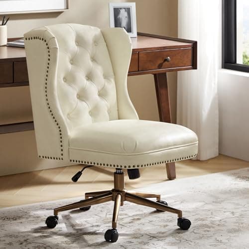 HULALA HOME Modern Faux Leather Desk Chair with Button Tufted Wingback, Adjustable Swivel Computer Chair with Nailhead Trim, Upholstered Task Chair for Home Office, Ivory