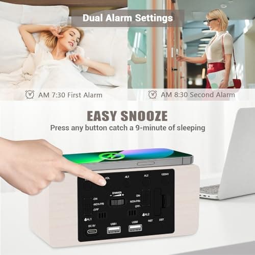 URAYCO Wooden Digital Alarm Clock, 10W Fast Wireless Charger Station & 2 USB Charging Ports, with 0~99% Dimmer, Dual Alarm, Weekday/Weekend Mode, Wood LED Clock for Bedroom, Desk, Office 5
