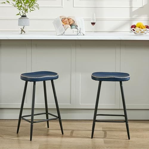 FIRAVOE Bar Stools Set of 2, Modern 24" Counter Height Bar Stools, Faux Leather Backless Saddle Stools for Kitchen Island (Navy Blue, 2 PCS 24'' Height) 7