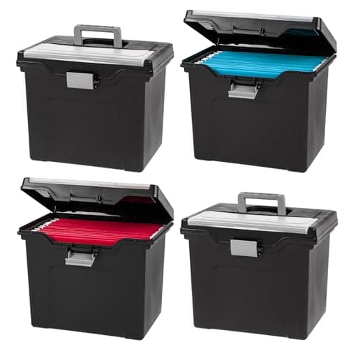 IRIS USA File Box with Lid File Organizer for Letter File w/Organizer-Lid, Water Resistant Document Box, Plastic Mobile Filing Organizer, Secure Buckle, Portable Handle, Lockable, Black 4 Pack