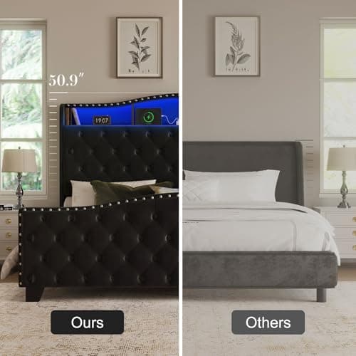 Belffin King Size Bed Frame and Headboard, 50.9" Velvet Upholstered Wingback Bedframe with LED Lights & Storage/Charging Station, Button Tufted Tall Footboard, No Box Spring Needed, Noise-Free, Black 8
