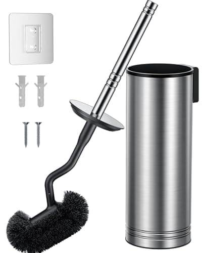 HAMITOR Toilet Brush and Holder Set: 304 Stainless Steel Heavy Duty Bowl Cleaner Brush - Deep Cleaning Under Rim Curved Bristle - Space Saving Wall-Mounted for Home RV Bathroom Accessories Silver