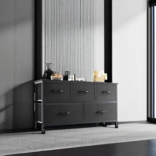 OLIXIS Dresser, Storage with 5 Organizer Closet Chest Small Clothes Fabric Cabinet, Kids Furniture Drawer Binis, Nightstand for Bedroom, Living Room, Nursery, Entryway, Matte Black 5