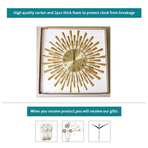 FLEBLE Large Wall Clocks for Living Room Decor Modern Gold Silent Wall Clock Battery Operated Non-Ticking for Bedroom Kitchen Office Home Decorative 24Inch Retro Crystal Clock Wall Decor for House 7