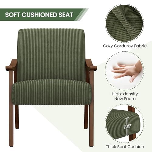 Yaheetech Corduroy Accent Chair, Mid-Century Modern Armchair with Solid Wood Legs, Reading Leisure Chair with High Back for Living Room Bedroom Waiting Room Dark Green 5