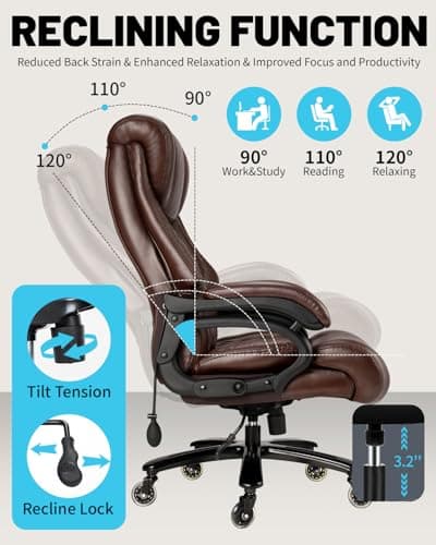 800lbs Executive Chairs, Executive Office Chairs for Big and Tall with Adjustable Lumbar Support, Office Chair for Heavy People, Leather Desk Chairs with Quiet Rubber Wheel and Extra Wide seat 6