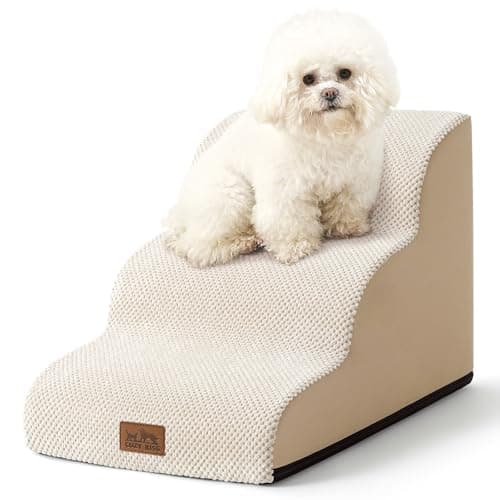 COZY KISS Dog Stairs for Small Dogs 15.7" H, Curved Dog Step for Puppy, Older Cat, Medium Pet Ramp for Sofa, Couch or Chair, Ladder with High Density Foam, 3 Step, 15.7x22.4x15.7 inch, Beige