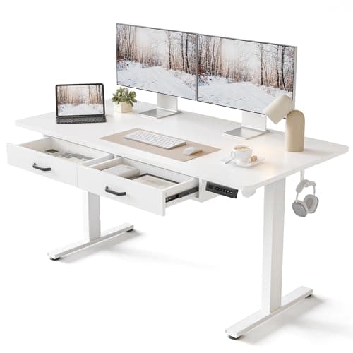 FEZIBO 55 x 24 Inches Standing Desk with Double Wooden Drawers, Adjustable Height Electric Standing Desk, Stand Up Home Office Desk with Splice Tabletop, White Frame/White Top