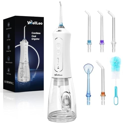 WellLeo Water Flosser for Teeth, 300ML Cordless Oral Irrigator Rechargeable Dental Flosser Picks with 5 Modes 5 Jet Tips,IPX7 Waterproof Teeth Cleaner for Braces Gum Care, Home Travel Use