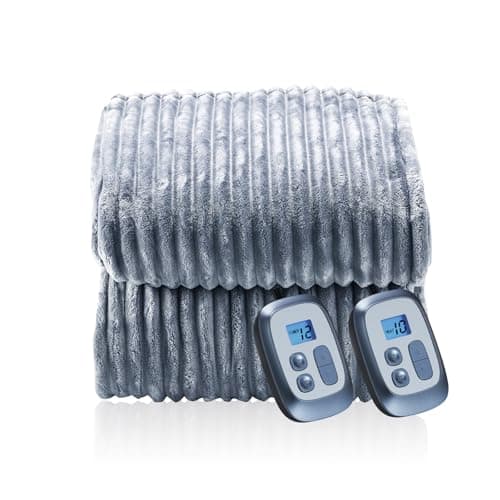 Eydna Electric Heated Blanket Queen Size 84"x 90", Dual Control, Warming Striped Flannel with 10 Heating Levels & 1-12 Hours Auto Off, Machine Washable, Light Gray 9