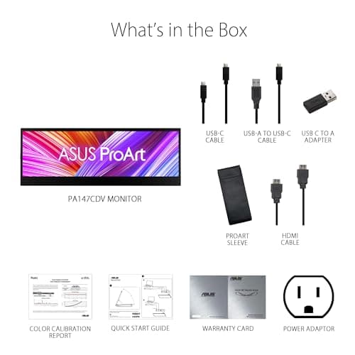 ASUS ProArt Display 14” Portable Touch Screen (PA147CDV) - 32:9 (1920 x 550), IPS, 100% sRGB, Color Accuracy ΔE < 2, Calman Verified, USB-C, Control Panel, MPP2.0 Pen Support, Adobe Suite Shortcut 7