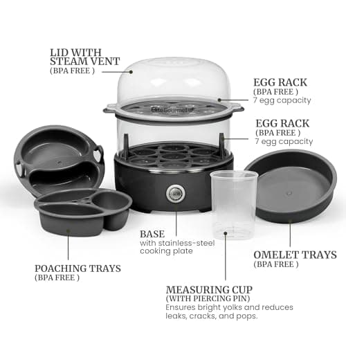 Elite Gourmet EGC1215B Easy Egg Cooker, Stainless-steel Heating Plate, Two-Tiered, 14-Egg Capacity, Soft, Medium, Hard-Boiled, Auto Shut-Off, Omelets, Poached Eggs, Measuring Cup, Piercing Pin, Black 6