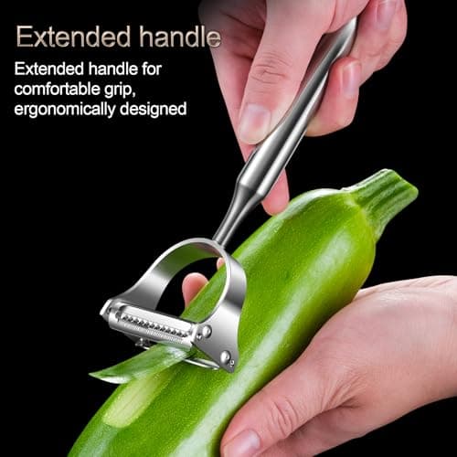 Stainless Steel Vegetable Peeler, 2-in-1 Multi-Function Design,Various Fruits and Vegetables/Straight-edge blades for peeling/Serrated blades for Julienne/Silver (Upgraded Version) 6