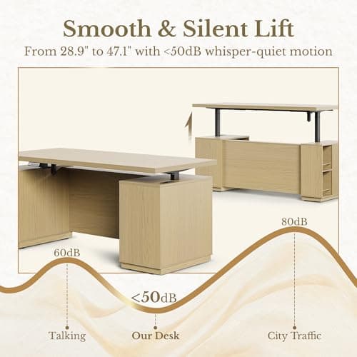 Perledesign 70" Standing Desk with Storage, Executive Electric Height Adjustable Stand Up Desk with AC/USB and Privacy Panel, Large One-Piece Destop, Fluted Computer Desk for Home Office, Light Walnut 3