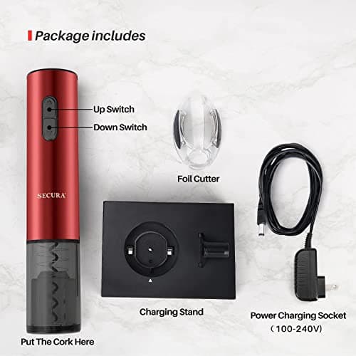 Secura Electric Wine Opener, Automatic Electric Wine Bottle Corkscrew Opener with Foil Cutter, Rechargeable (Red) 7