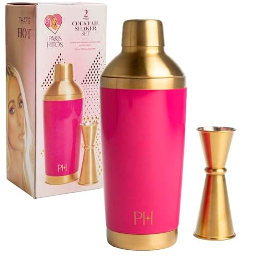 Paris Hilton 2-Piece Cocktail Shaker Set, Double Wall Insulated Stainless Steel Mixer with Built-In Strainer and Double-Sided Jigger, 20-Ounce, Gold and Hot Pink