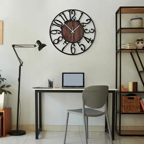 Maxstar Round Wall Clock for Living Room Decor Battery Operated Non Ticking Silent Vintage Black Metal Wood Clocks for Home Living Room Garden Farmhouse Office Kitchen Decoration -13 inch 7