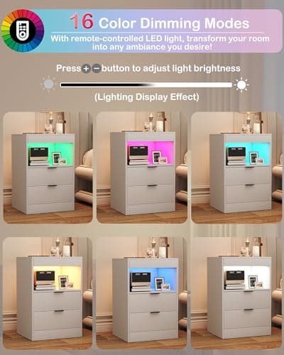 Yusong Night Stand, Bedside Table, LED Nightstand with Charging Station, Modern Night Stand, Wood Sofa Couch End Side Table with 2 Pull-Out Shelf, White 5