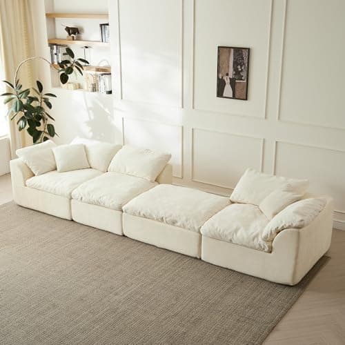 109" Modular Cloud Couches for Living Room, Boneless Couch Deep Seat Convertible L-Shape with Ottoman, Oversized Comfy 3-Seater Couch Chenille Fabric Compressed Sofa Modern Sectional Sofa,Creamy White 8
