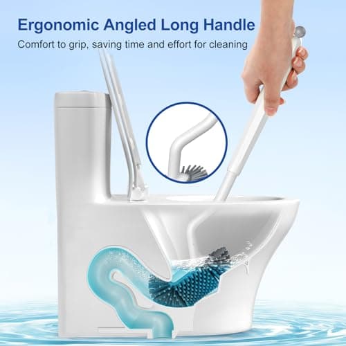 HAMITOR Toilet Bowl Brush Holder Set: Deep Cleaning Silicone Toilet Cleaner Scrubber Under Rim with Curved Bristle for Bathroom Dead Corner Clean - Modern Rv Toilet Decorative Accessories - White 7