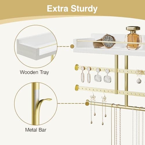 Josmimic Adhesive Wall Jewelry Organizer: 9" Holder for Hanging Necklace, Earring, Bracelet, Gold and White 7