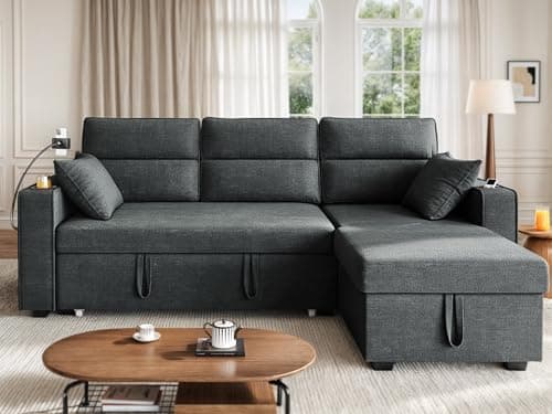 YITAHOME 85" Sleeper Sofa, Convertible Sofa Bed Couch with Pullout Bed for Living Room, L-Shaped Sectional Sofa with Cup Holder Phone Holder USB Ports, 2 Pillows and Side Pocket, Dark Grey 6