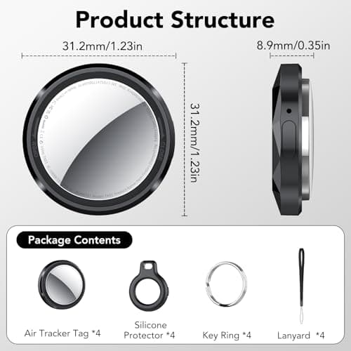 QCOQ® Tracker Tags-4 Pack Black | Bluetooth Tracker Work with Apple Find My (iOS Only), Smart Tag with Protective Case/Keychain/Lanyard, Item Finder for Luggage/Key/Suitcase, Up to 100dB 9