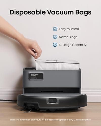 eufy Robot Vacuum C10 with Self Emptying, 8 Weeks Hands Free, Advanced Smart Mapping with LiDAR Navigation, 2.85-Inch Slim Design, Powerful Suction, Edge Expansion Brush for Pet Hair +6 Pack Dust Bag 8